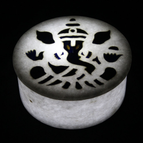 Round White Marble Inlay Jewelry Box Lord Ganesha Pietra Dura
