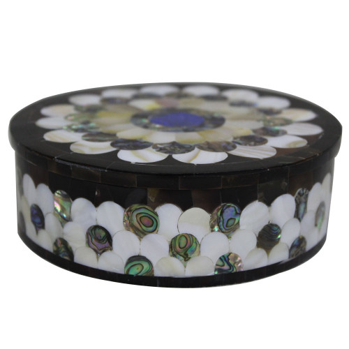Round WhiteMarble Inlay Box With Pietre Dure Art