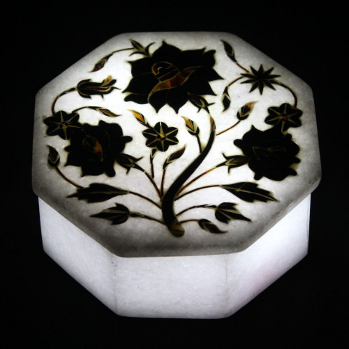 Octagonal White Marble Inlay Vanity Box For New Year Gift