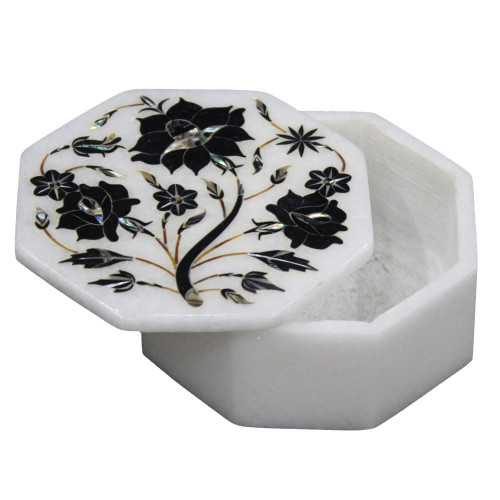 Octagonal White Marble Inlay Vanity Box For New Year Gift