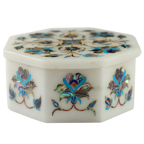 White Marble Inlay Work Jewellery Box For Home Decorative Showpiece Item - 4 x 4 Inch