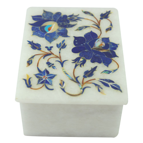 Lapislazuli White Marble Inlay Jewellery Box Inlaid With Semi Precious Gemstones Floral Inlay Craft Work Handmade Art Piece For Girls ,Women