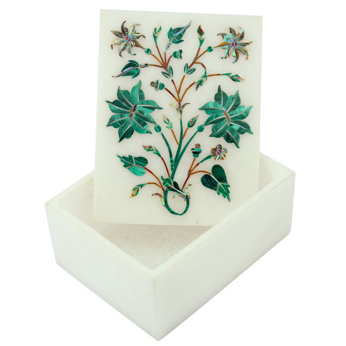 Rectangular White Marble Inlay Trinket Box For Females