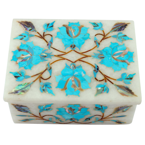 Turquoise Gemstone Inlay Marble Stone Trinket Box For Anniversary Gift