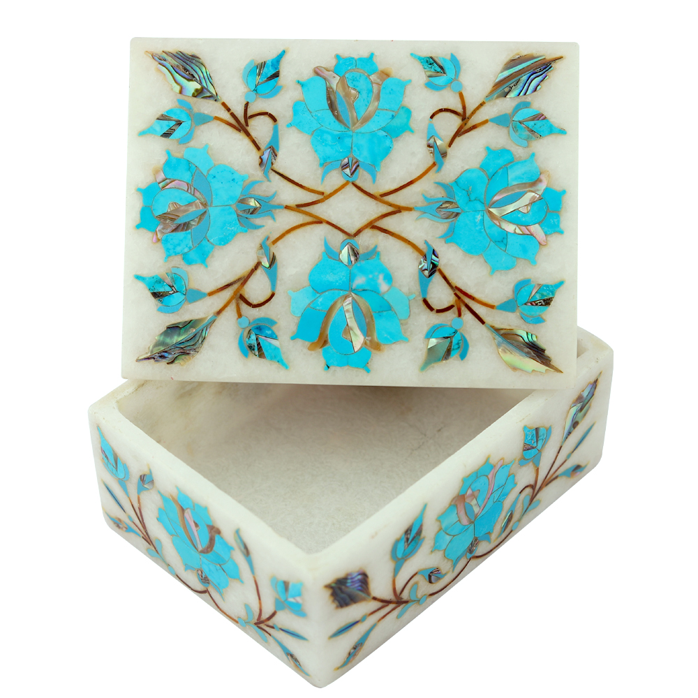 marble jewelry Box Semi Precious Inlaid stones art Work home decor gifts 