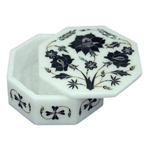 Moroccan Jewelry Marble Inlay Box Black Onyx Floral Art