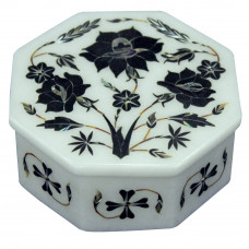Moroccan Jewelry Marble Inlay Box Black Onyx Floral Art