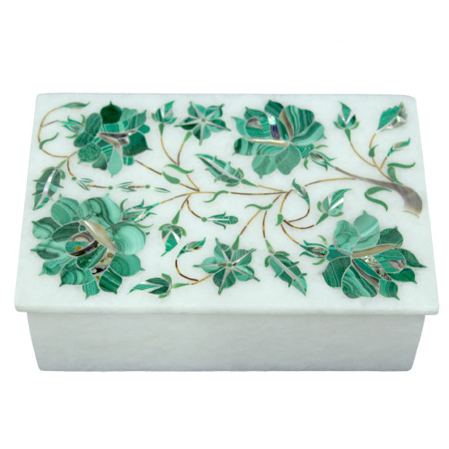 White Marble Inlay Malachite Jewelry Box 