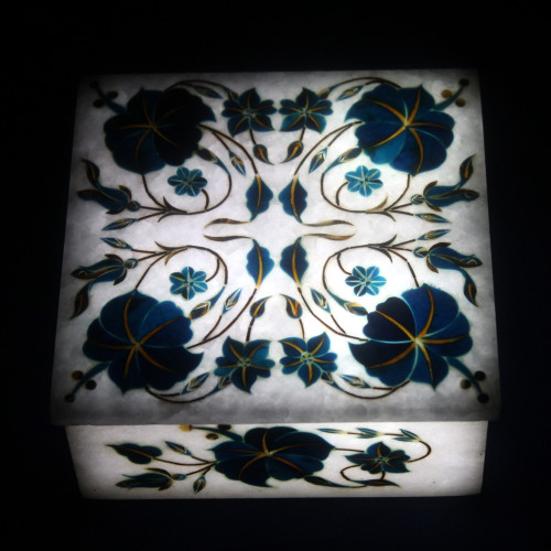 Square White Marble Inlay Turquoise Jewelry Box 