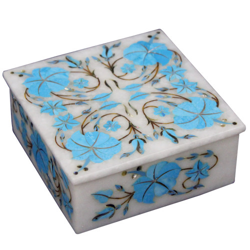Square White Marble Inlay Turquoise Jewelry Box 