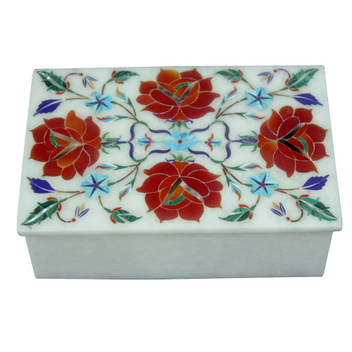 Floral Jewelry Box Marble Inlay Carnelian Rectangular