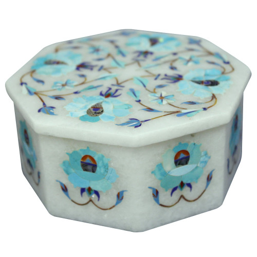 Jewelry Box Marble Inlay Turquoise Octagonal Souvenir For Wedding
