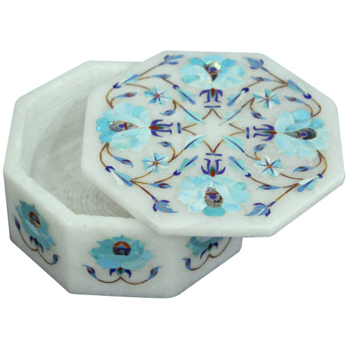 Jewelry Box Marble Inlay Turquoise Octagonal Souvenir For Wedding