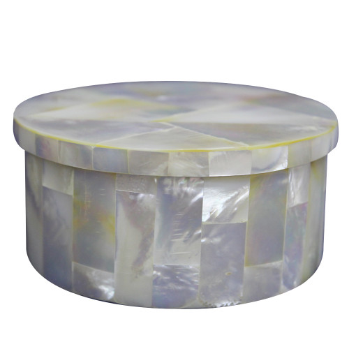 Round Jewelry Trinket Box Full Mother of Pearl