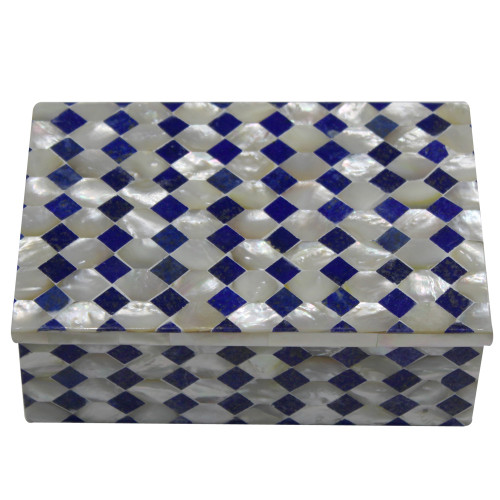 Rectangular Marble Inlay Jewelry Box With Lapislazuli Gemstone 