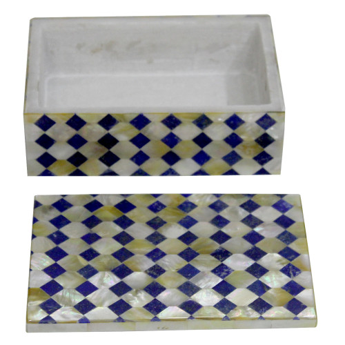 Rectangular Marble Inlay Jewelry Box With Mother of Pearl And Lapislazuli Gemstone 