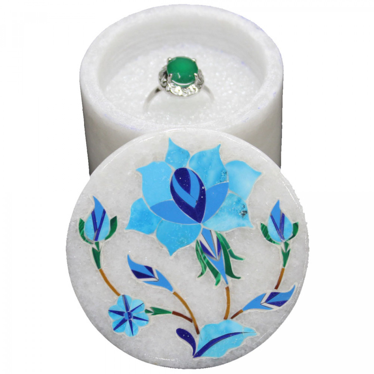 White Marble Art Small Round Jewelry Box for Rings