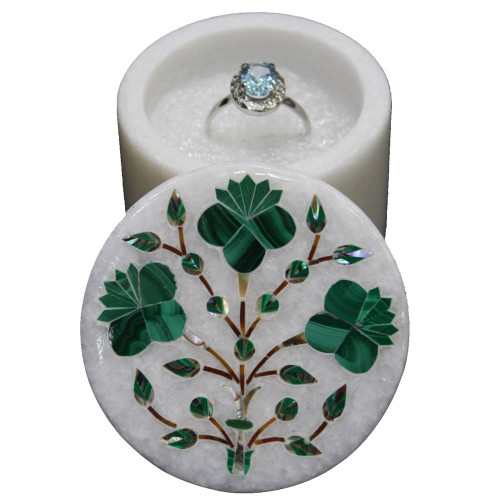 Handmade Floral Design Inlay White Marble Ring Box
