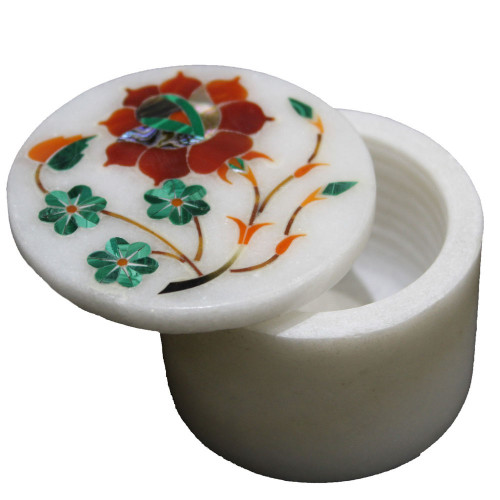 Floral Design Inlaid Handmade White Marble Ring Storage Box