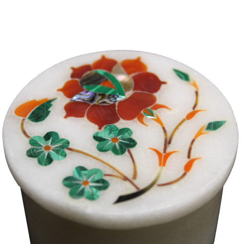 Floral Design Inlaid Handmade White Marble Ring Storage Box
