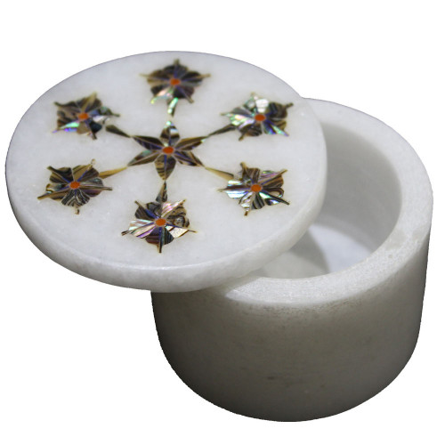 Unique Floral Design Inlaid White Marble Trinket Box