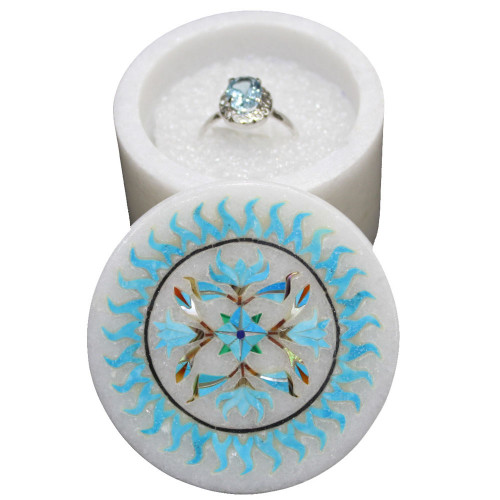 Round White Marble Jewelry Storage Box Inlaid Turquoise Gemstone