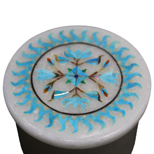 Round White Marble Jewelry Storage Box Inlaid Turquoise Gemstone