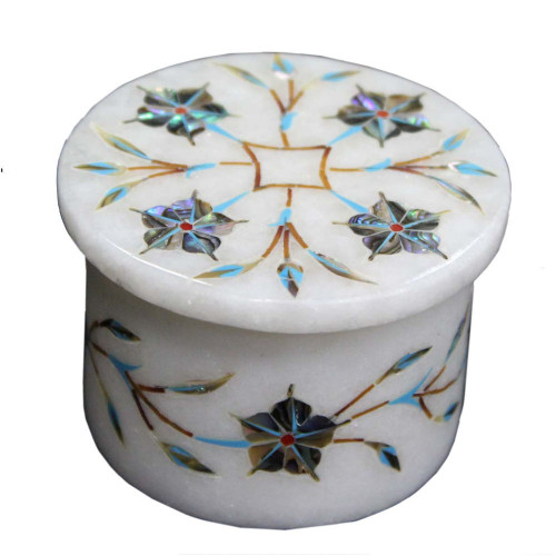 White Marble Mughal Inlay Art Jewelry Storage Box