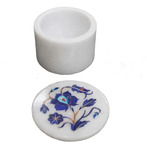 Floral Design Inlay White Marble Ring Storage Box