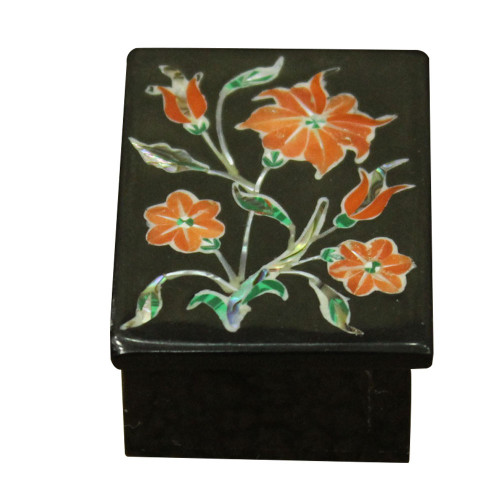 Rectangular Onyx Vanity Box Mosaic Art Inlaid Coral Rare Stone