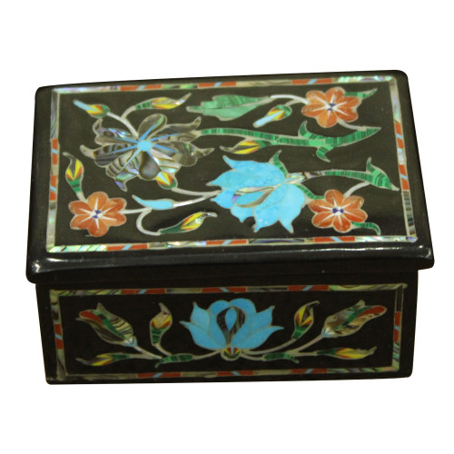 Malachite Gem Stone Inlay Trinket Box With Antique Scagliola Art