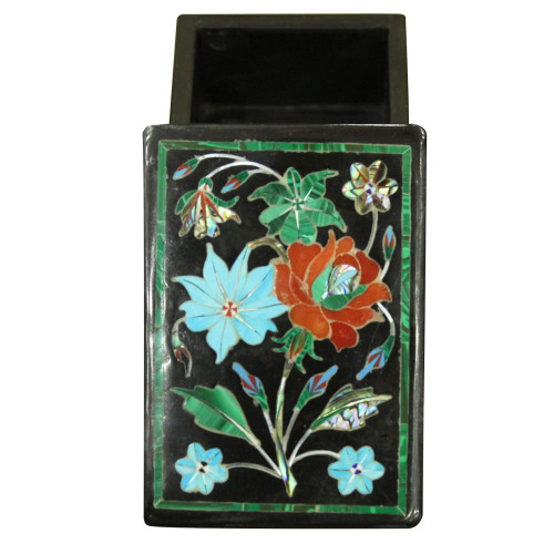 Beautiful Masterpiece Onyx Jewelry Box Malachite Floral Design
