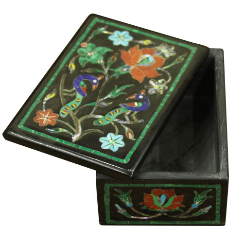 Onyx Trinket Box Inlaid Gemstones Mughal Era Peacock Scagliola Art