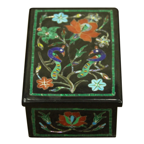 Onyx Trinket Box Inlaid Gemstones Mughal Era Peacock Scagliola Art