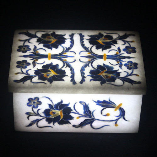 Rectangle White Marble Inlay Box Floral Design