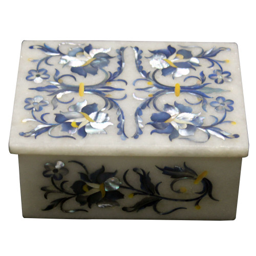 Rectangle White Marble Inlay Box Floral Design