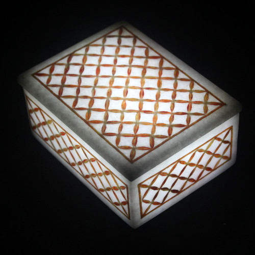 Beautiful White Marble Jewelry Box Inlaid Carnelian Semi Precious Stone