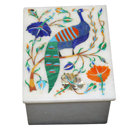 Beautiful Peacock Design Marble Jewelry Trinket Box