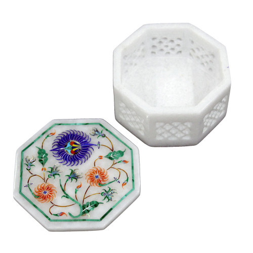 Octagonal White Marble Trinket Box Inlaid Semi Precious Stones