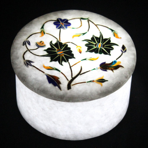 White Marble Jewelry Box Inlaid Malachite Pietra Dura