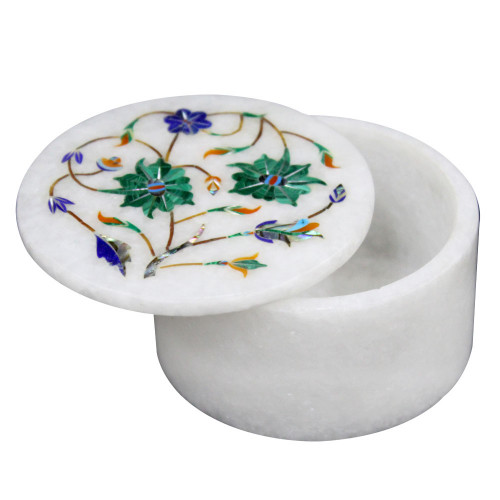 White Marble Jewelry Box Inlaid Malachite Pietra Dura