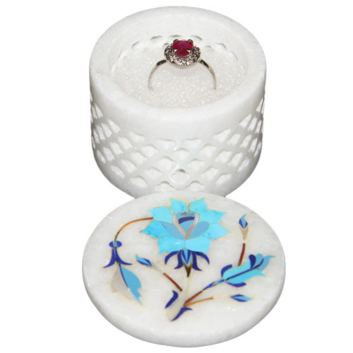 White Marble Inlay Ring Box Lattice Art