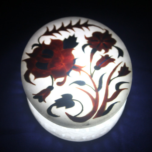 Oval Design White Alabaster Trinket Box Inlay Mother of Pearl