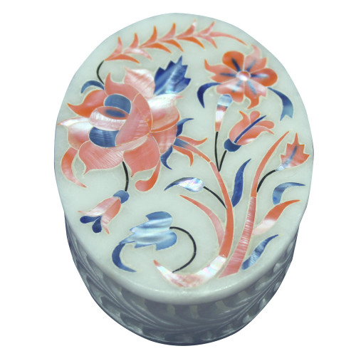 Oval Design White Alabaster Trinket Box Inlay Mother of Pearl