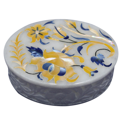 Marble Trinket Box of Oval Shape Inlaid Mother Of Pearl