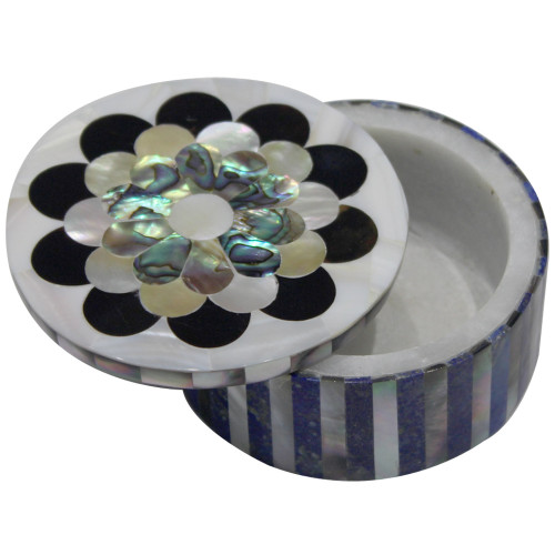 Round Shape Marble Inlay Trinket Box Pietra Dura Milky Shell 