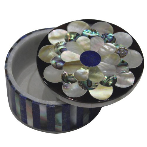 Round Shape Marble Inlay Trinket Box Pietra Dura Lapislazuli And Paua Shell