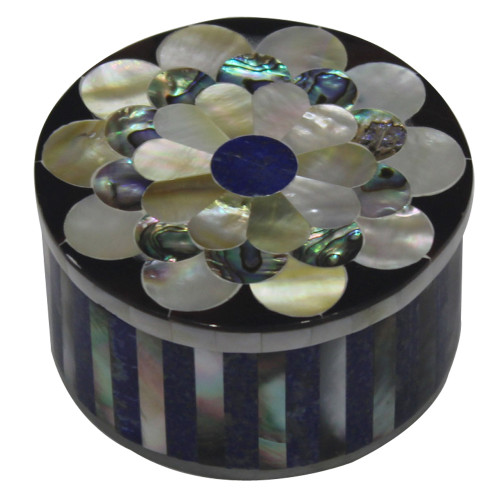Round Shape Marble Inlay Trinket Box Pietra Dura Lapislazuli And Paua Shell