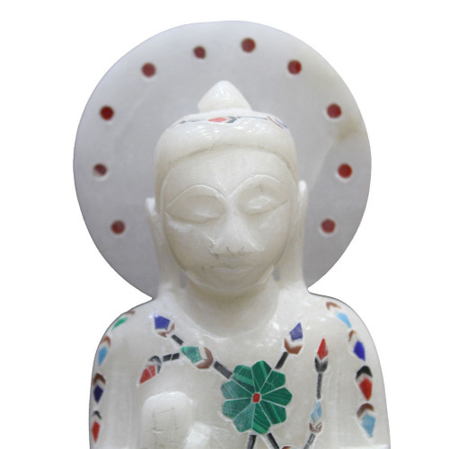 5" x 4" Inch Beautiful Flower Design Inlaid White Marble Buddha Figurine