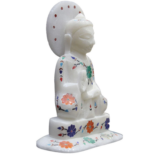 5" x 4" Inch Beautiful Flower Design Inlaid White Marble Buddha Figurine